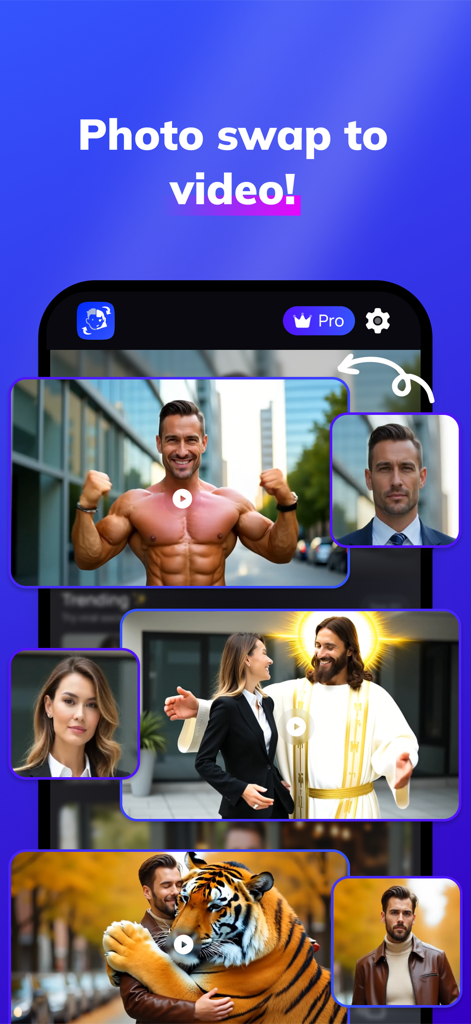A mobile interface for Vizia app showing photo to video face swap examples including a bodybuilder, a woman with a historical figure, and a man hugging a tiger.