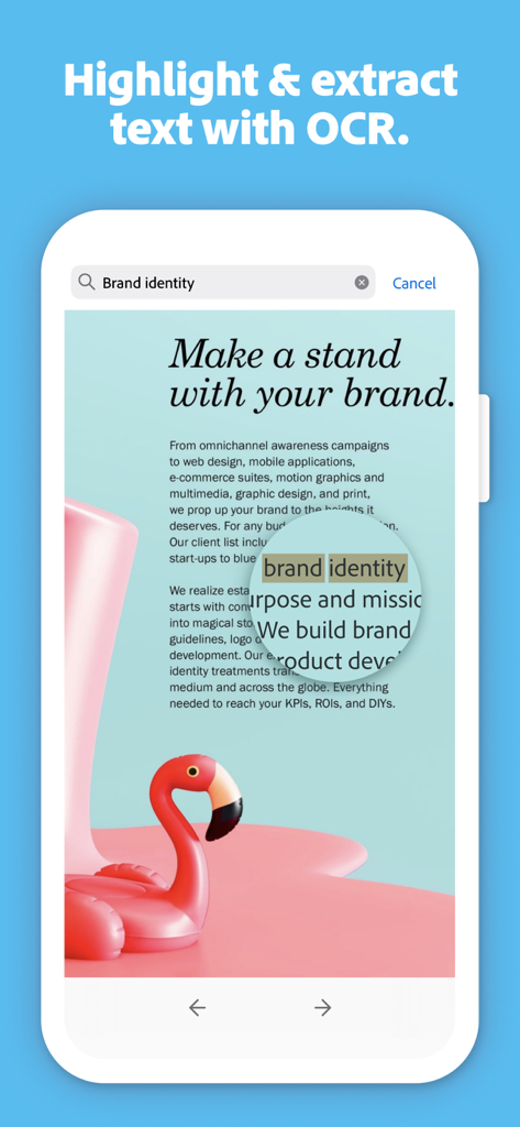 문서에서 OCR 텍스트 추출 및 검색 기능을 보여주는 Adobe Scan 앱 인터페이스