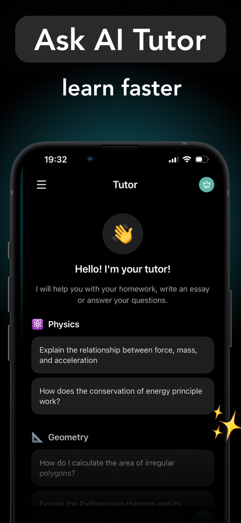 Math AI Homework Helper Solver - チャット形式で物理学と幾何学の宿題ヘルプオプションが表示されているAIチューターのモバイルインターフェース。
