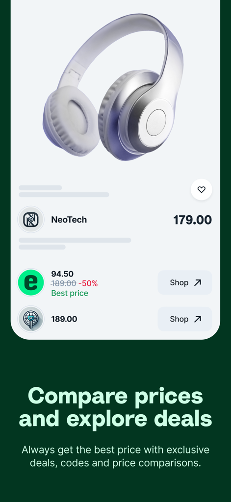 Tabby | Shop Now. Pay Later - Screenshot dell'app Tabby che mostra un confronto dei prezzi per le cuffie con un avviso di sconto del cinquanta percento