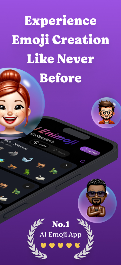 Ai Emojis - Ai Emoji Generator - A smartphone showing the Ai Emoji Generator app interface with custom 3D avatars and animal emojis.