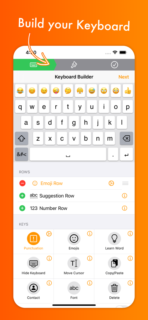 MyKeyboard - Custom Keyboard - Interface of the MyKeyboard app showing the keyboard builder with options to customize rows and keys for iOS