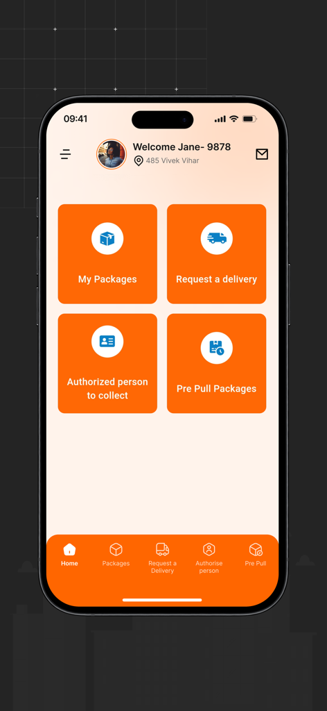 RisExpress - RisExpress mobile app home screen showing dashboard buttons for package management and delivery requests