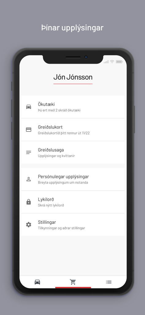 Pantalla de perfil de usuario y configuración de cuenta de la aplicación de pago de peajes islandeses Veggjald