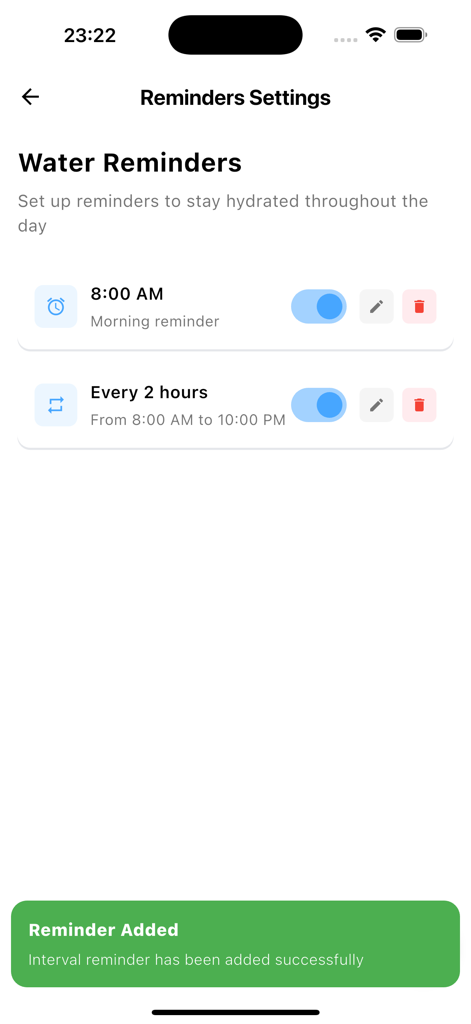 Waterry - Water Reminder - Configuración de recordatorios de la aplicación Waterry que muestra notificaciones programadas de ingesta de agua y un mensaje de éxito.