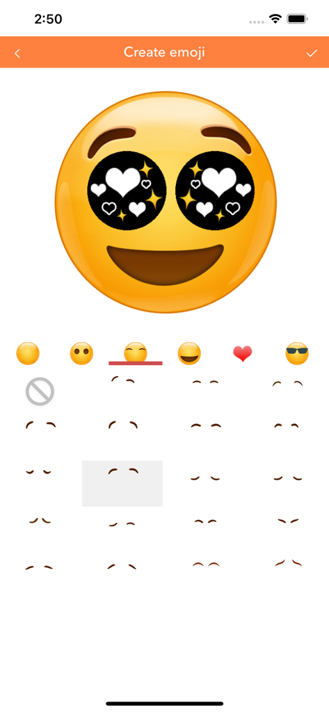 Interface of the WASticker emoji maker app showing a custom smiling emoji with heart eyes