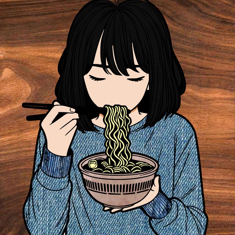a girl realistic eating ramen noodles