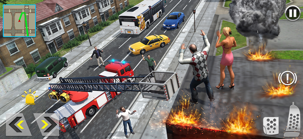 Firefighter Vehicles Rescue 3D - Fire truck rescue mission with a ladder extended toward a burning building in a 3D city