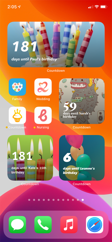 Customizable birthday countdown widgets on an iPhone home screen showing remaining days for various people with personalized backgrounds