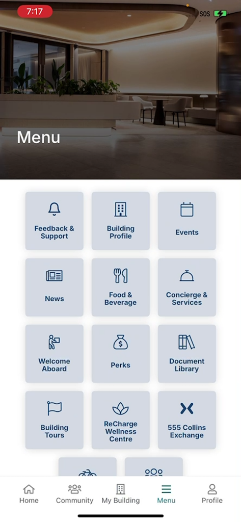 Charli 2.0 - Main menu of the Charli 2.0 workplace app displaying icons for building services and office amenities