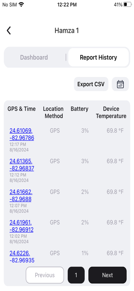 Schermata cronologia report di Trak4 che mostra coordinate GPS, percentuale di batteria e registri della temperatura del dispositivo.