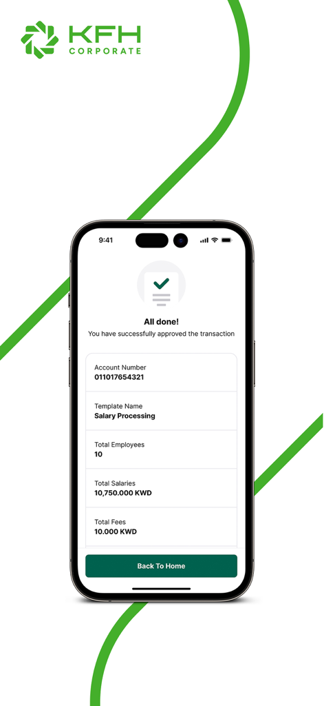 KFH Corporate - A mobile screen from the KFH Corporate app showing a successful salary processing transaction confirmation with account details and total salaries in KWD.