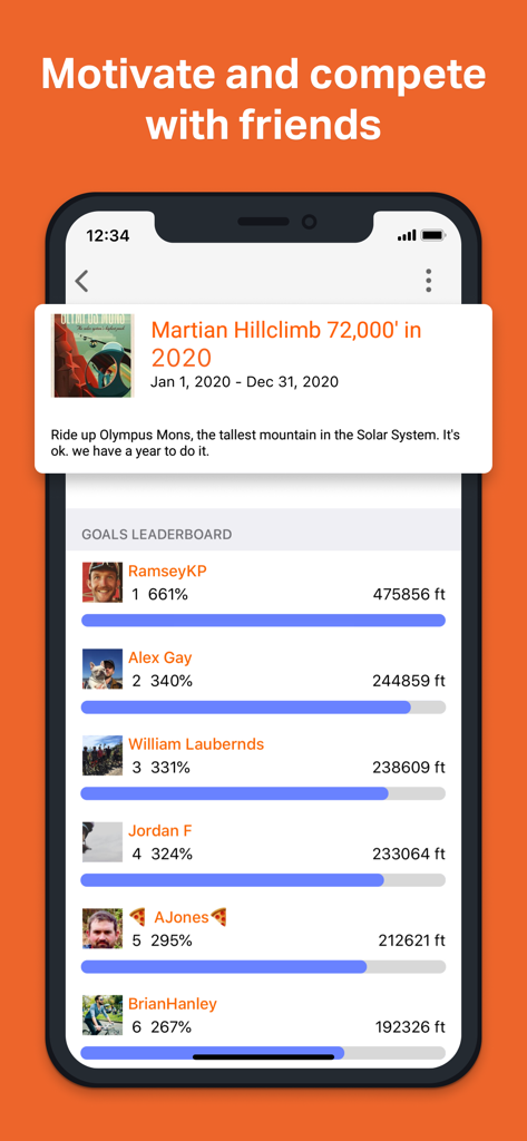 Ride with GPS: Bike Navigation - Captura de pantalla de la aplicación Ride with GPS que muestra una tabla de clasificación de objetivos ciclistas con clasificaciones y datos de elevación
