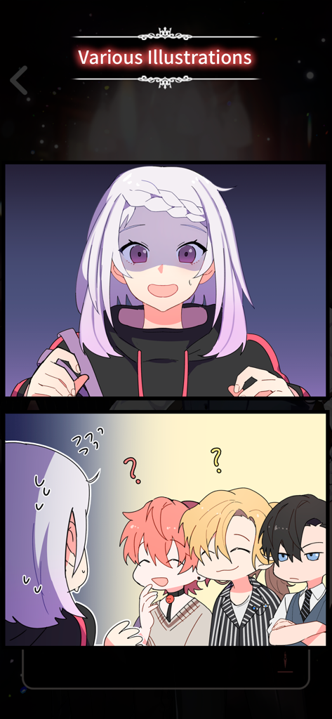 LoveUnholyc - Anime style illustrations from LoveUnholyc showing a flustered female protagonist and three handsome male characters in a chibi style.