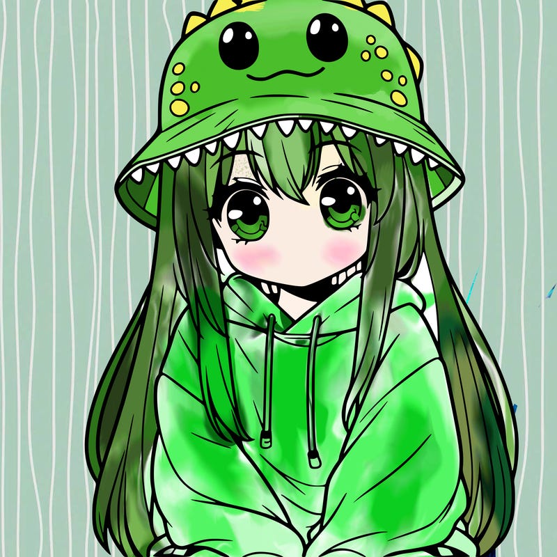 girl with anime shaped eyes with a dinosaur bucket hat oversized sweatshirt long straight hair