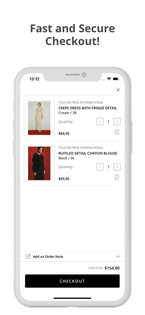 Touché Privé International - Fast and secure checkout screen in the Touché Privé International mobile app showing a shopping cart with modest fashion items.
