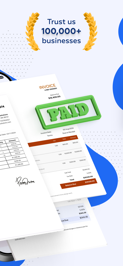 Invoice Maker & Generator App - Fatura profissional com um carimbo verde PAGO