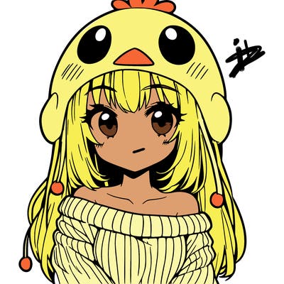 anime girl with chick shaped hat with sweater with bare shoulders with bangs covering them one eye with low tail