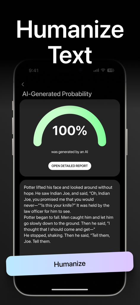 AI Detector Plagiarism Checker - Schermata dello smartphone che mostra un punteggio di rilevamento AI del 100% e un pulsante per umanizzare il testo
