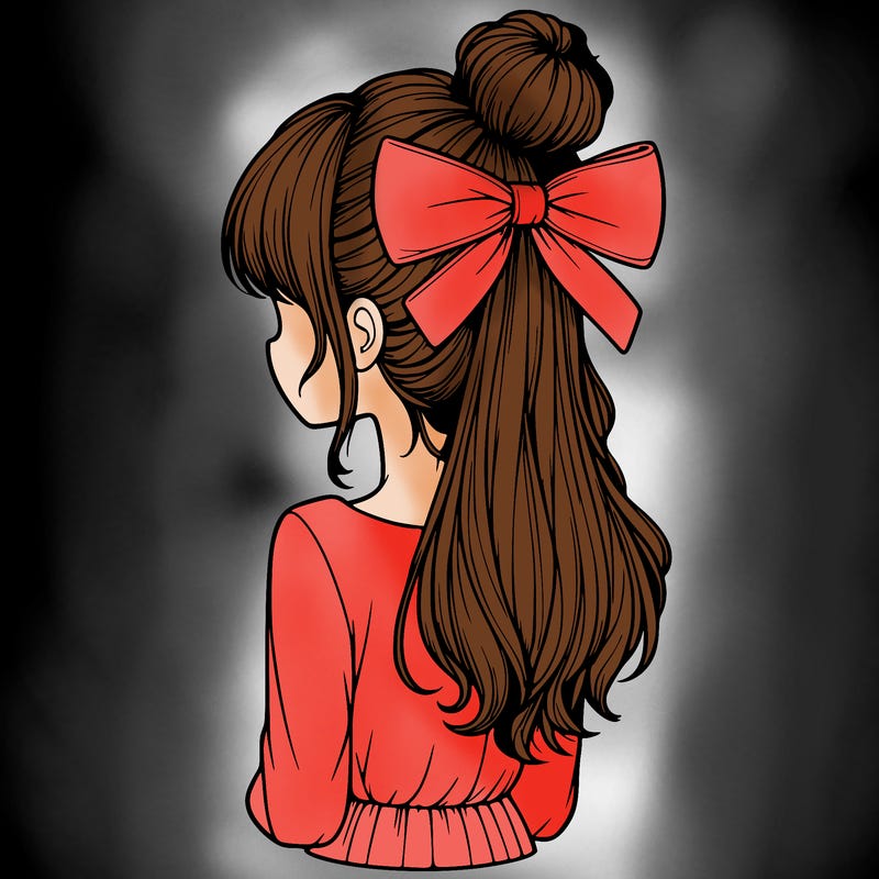 realistic girl  with hip length hair a bun and a big bow on the back of head
