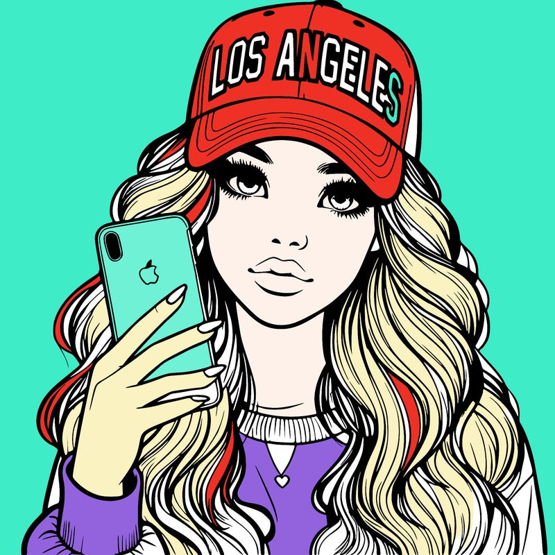 realistic beautiful girl wearing los ángeles cap holding an iphone