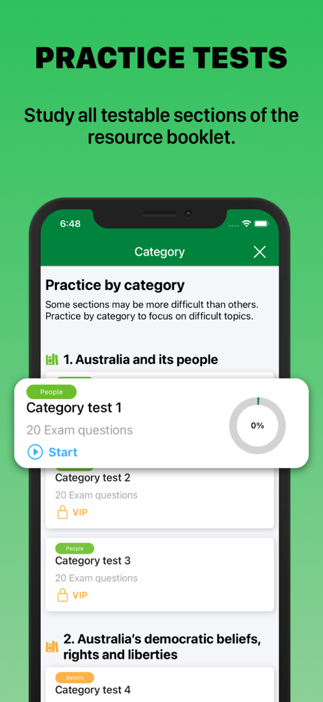 Mobile app interface showing practice tests by category for the Australian citizenship exam