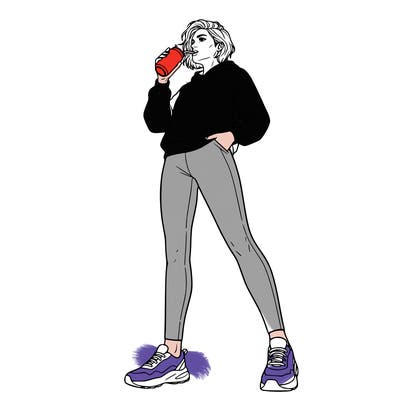 woman in tights wearing a hoodie and sneakers with short hair drinking and energy drink