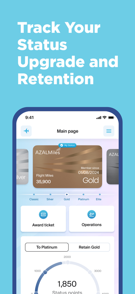 AZAL - Book Flight Ticket - AZAL Miles app screen showing Gold status membership details and progress bar for reaching Platinum level.