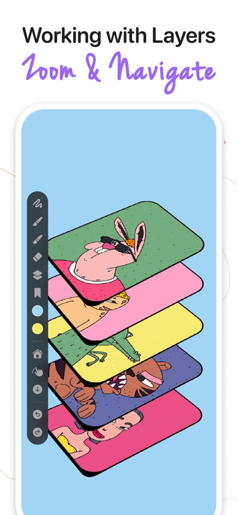 Interface of ZoomArt app illustrating multiple layers in a digital drawing