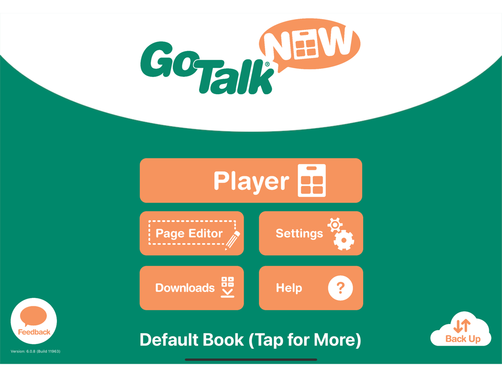 GoTalk NOW LITE home screen showing the main menu with buttons for Player, Page Editor, Settings, Downloads, and Help
