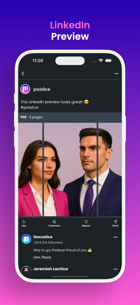 Pixislice - Image Splitter - A mobile screen showing the Pixislice app LinkedIn preview feature with a seamless three-part panorama of a business couple.