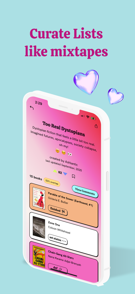 A mobile screen from the Pagebound app showing a curated book list titled Too Real Dystopians with various book titles and reading statuses.