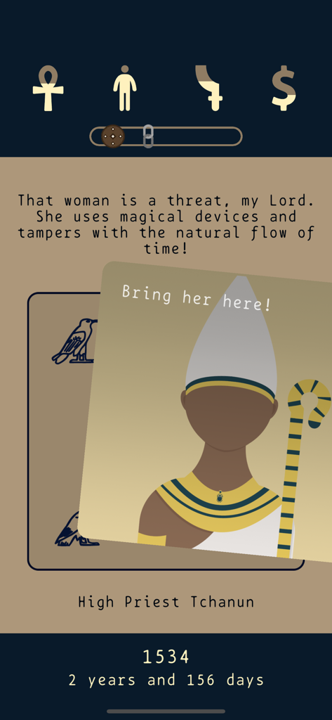 Lapse 2: Before Zero - Una pantalla de decisión basada en cartas de Lapse 2 Before Zero con el Sumo Sacerdote Tchanun en el Antiguo Egipto