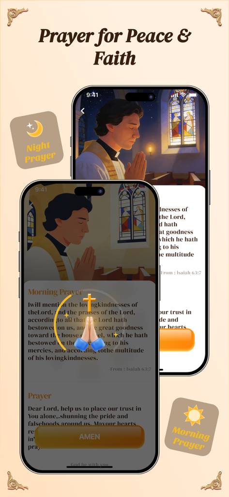 Bible Wallpaper - Interfaz de la aplicación Biblia Fondos de Pantalla que muestra pantallas de oración matutina y nocturna con una ilustración pacífica de un hombre rezando.