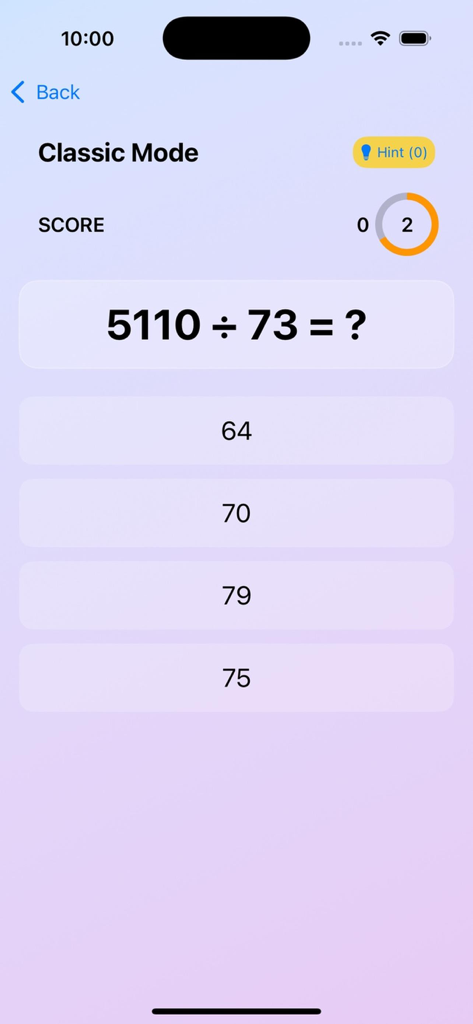Math Rush: Brain Workout - Math Rush app classic mode featuring a mental math division problem with multiple choice answers
