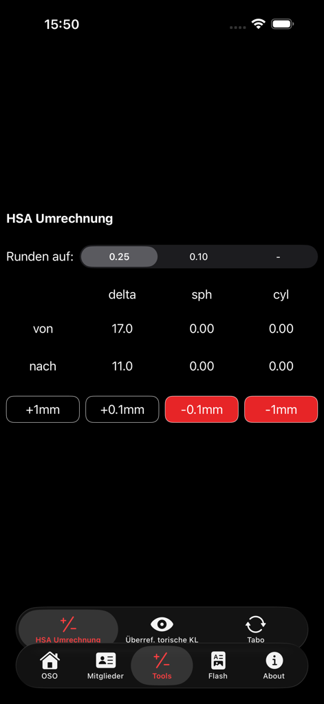 iOSO Optometry Switzerland - HSA vertex distance conversion tool interface for optometry professionals