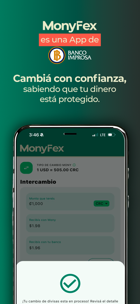 MonyFex - Monyfex-App-Oberfläche, die den USD-zu-CRC-Wechselkurs und den Bildschirm zur Transaktionsbestätigung zeigt.