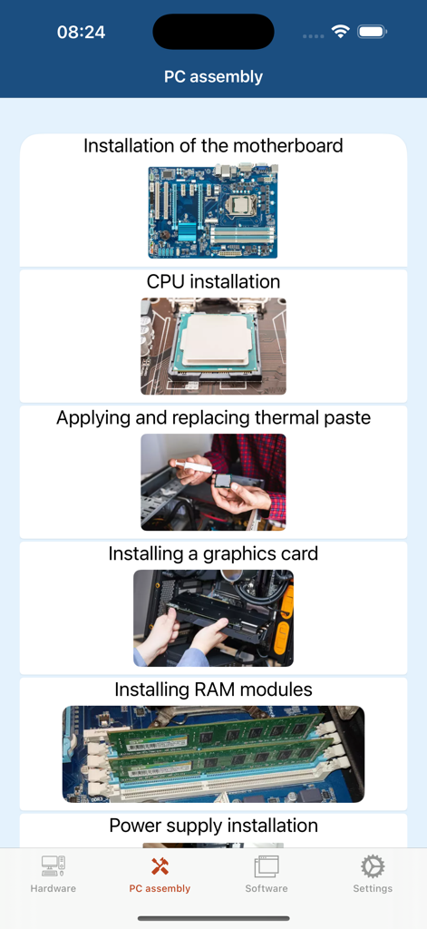 Menú de la aplicación móvil que muestra tutoriales de ensamblaje de PC para instalación de placa base, CPU y RAM