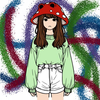 a realistic girl with a frog hat and baggy mushroom shirt