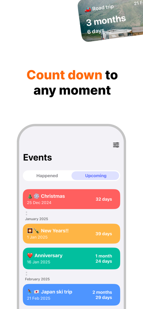 Countdown Widget - Track days - An iPhone screen displaying a list of upcoming events including Christmas, New Years, an Anniversary, and a Japan ski trip with a road trip widget at the top.