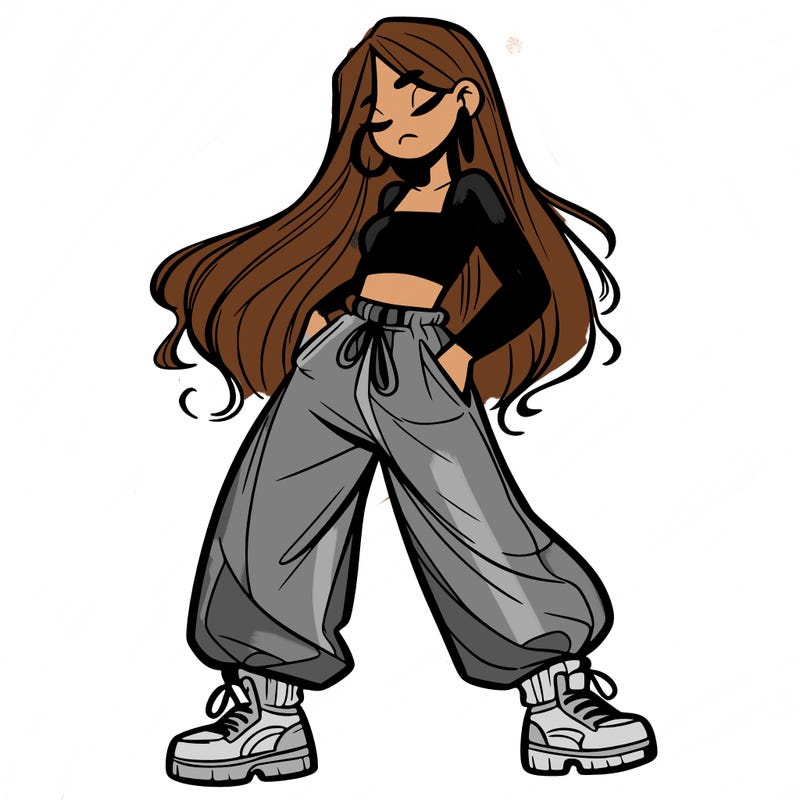 girl in baggy pants crop top and long hair