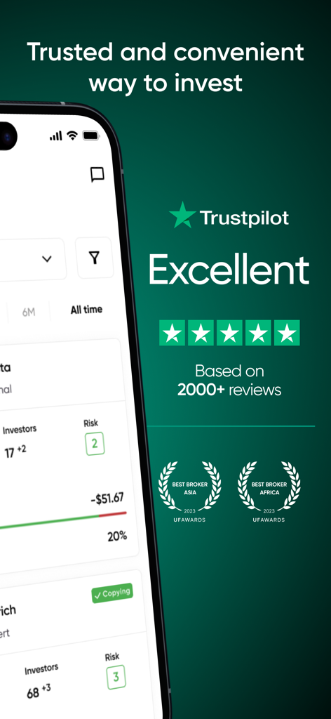 JustMarkets Copytrading - JustMarkets Copytrading app interface showcasing an Excellent Trustpilot rating and Best Broker industry awards.