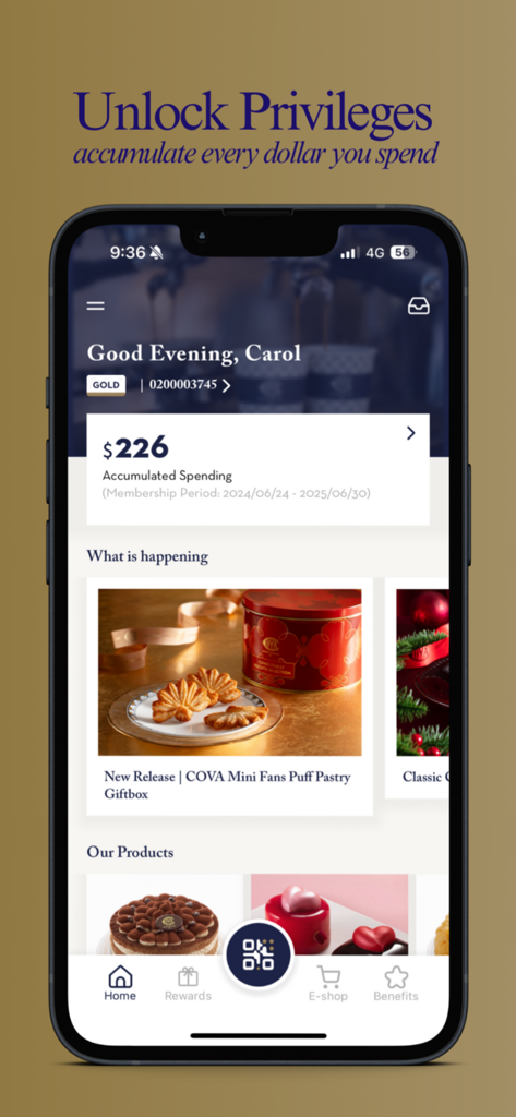 COVA HK - COVA HK app home screen displaying gold membership tier and accumulated spending