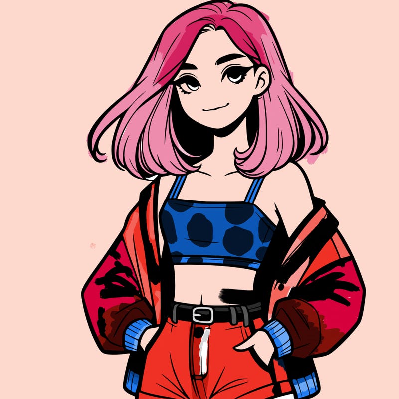 a realistic girl with a crop top and short shorts in an open jacket