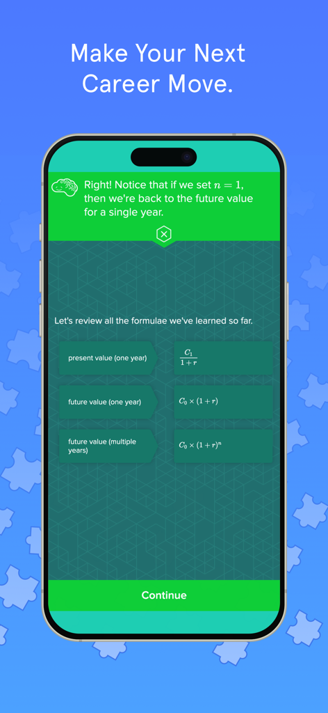 Interactive finance lesson in the Quantic app showing present and future value formulas