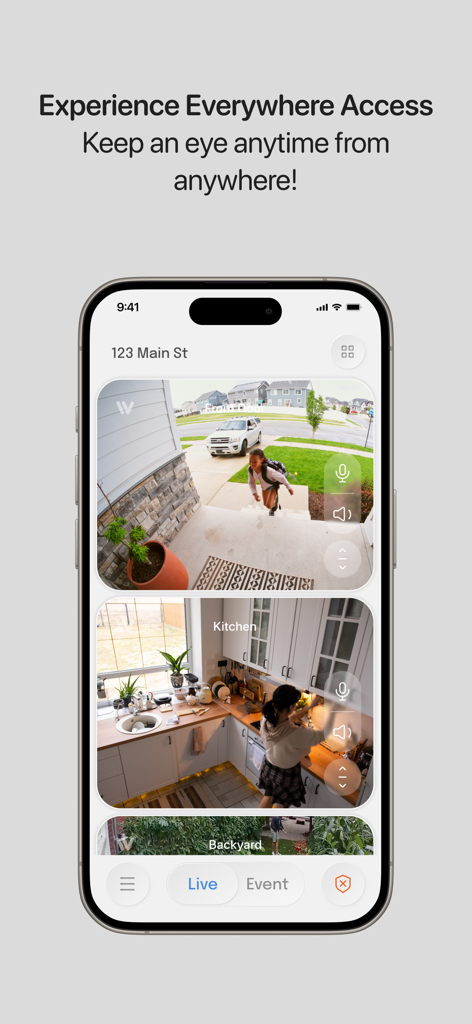 InstaVision: Smart & Safe Home - La aplicación InstaVision mostrando transmisiones de seguridad del hogar en vivo en un teléfono inteligente