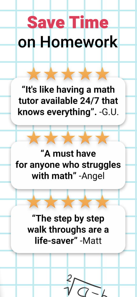 Five-star user reviews and testimonials for the Symbolab math solver app on a graph paper background.