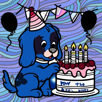 dog eating birthday cake