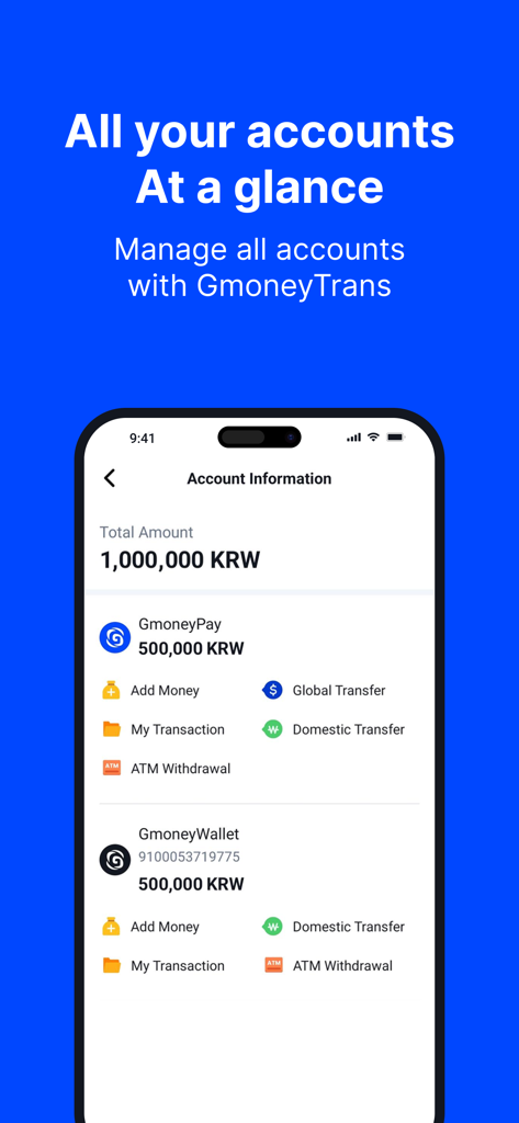 GmoneyTrans mobile app interface showing account information and total balance in Korean Won