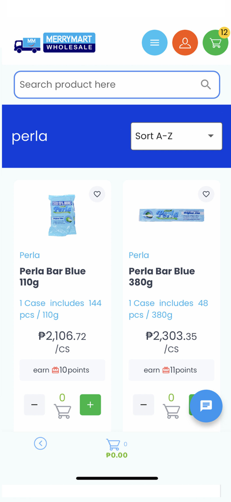 MM Wholesale - A mobile app screen showing search results for Perla soap products in bulk with wholesale prices in Pesos.